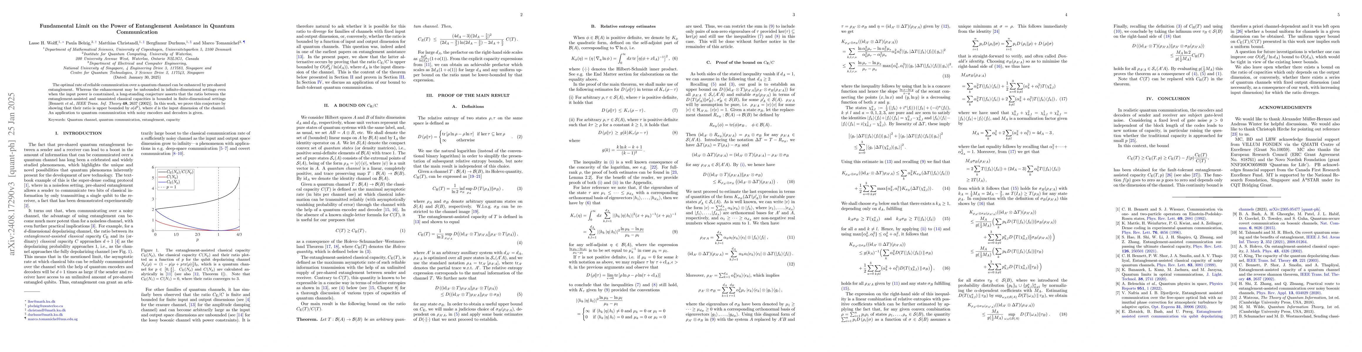 Thumbnail for Fundamental Limit on the Power of Entanglement Assistance in Quantum
  Communication
