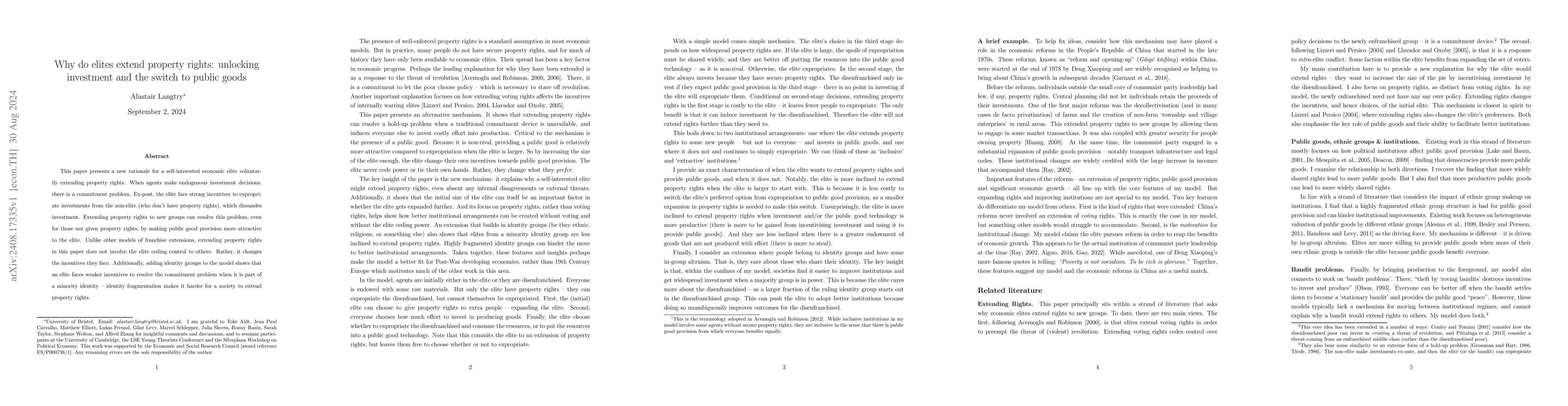 Thumbnail for Why do elites extend property rights: unlocking investment and the
  switch to public goods