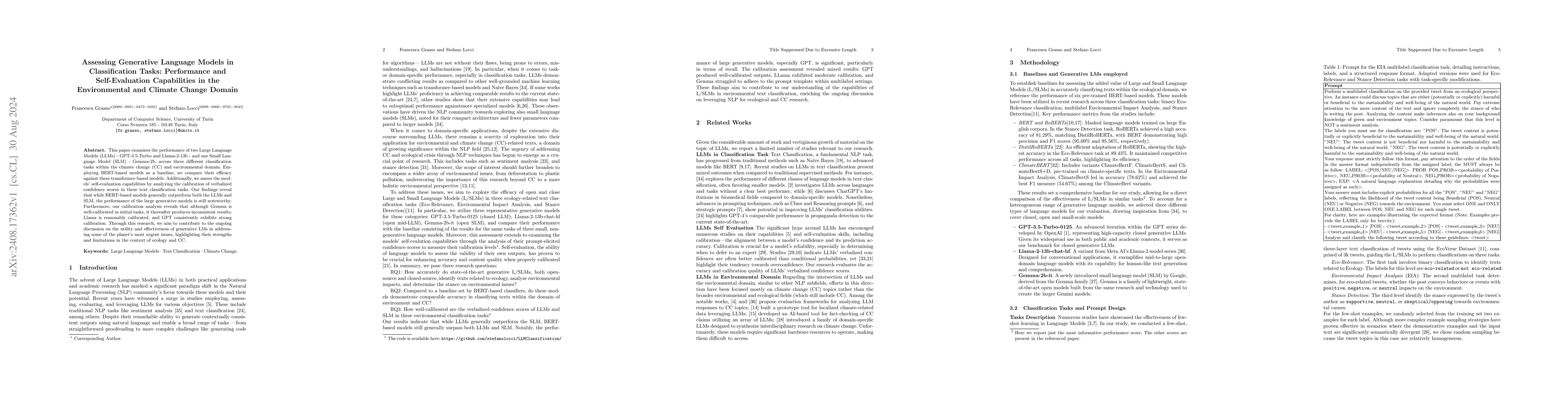 Thumbnail for Assessing Generative Language Models in Classification Tasks:
  Performance and Self-Evaluation Capabilities in the Environmental and Climate
  Change Domain