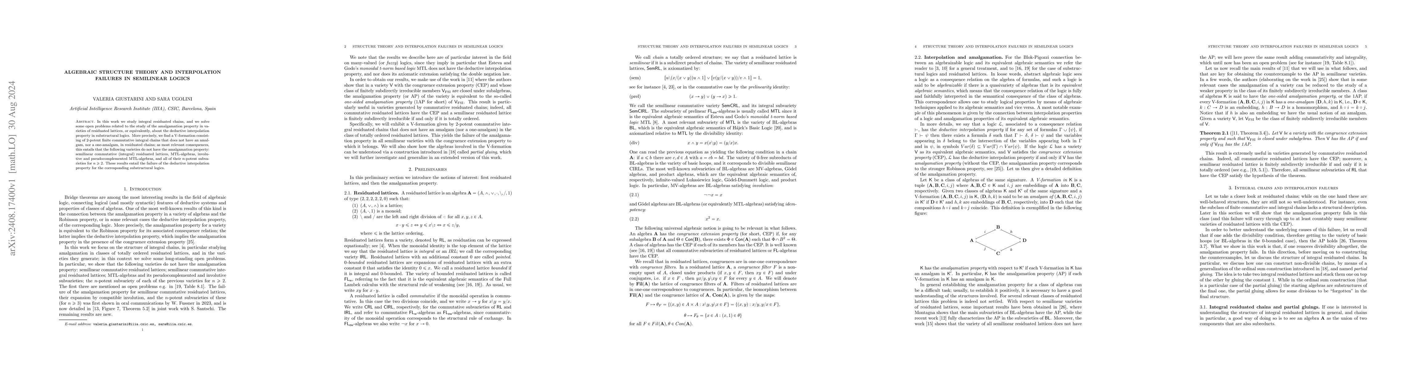 Thumbnail for Algebraic structure theory and interpolation failures in semilinear
  logics