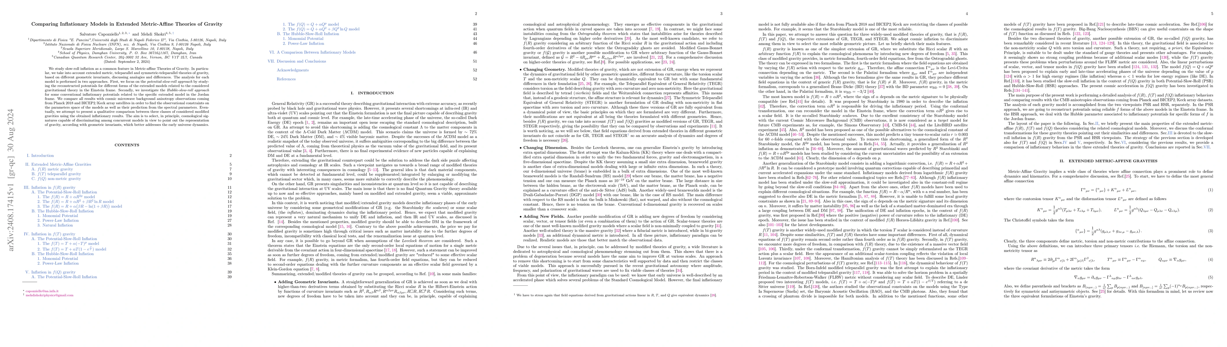 Thumbnail for Comparing Inflationary Models in Extended Metric-Affine Theories of
  Gravity
