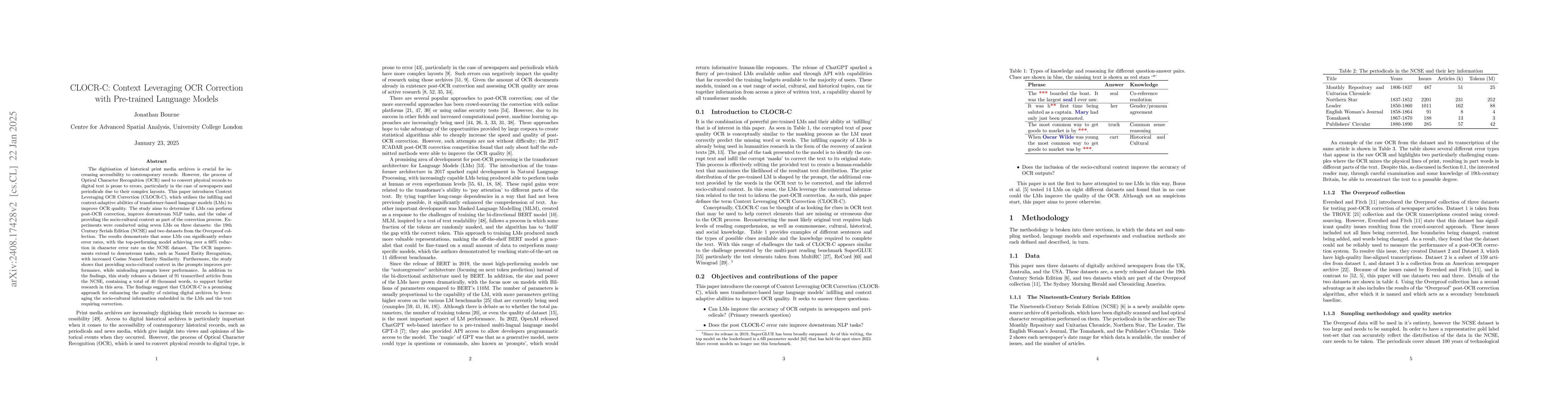 Thumbnail for CLOCR-C: Context Leveraging OCR Correction with Pre-trained Language
  Models