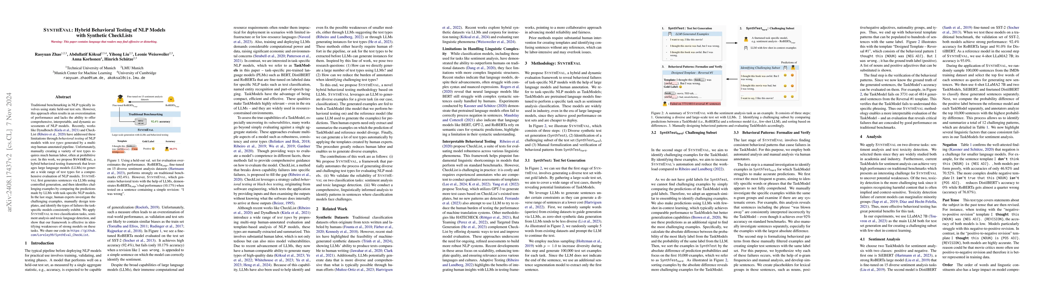 Thumbnail for SYNTHEVAL: Hybrid Behavioral Testing of NLP Models with Synthetic
  CheckLists