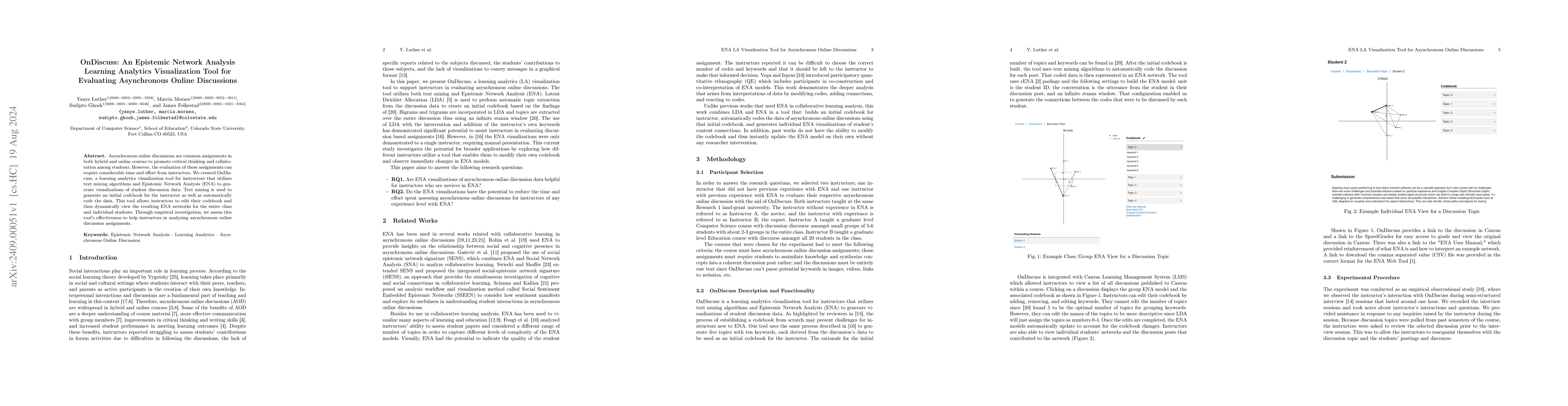 Thumbnail for OnDiscuss: An Epistemic Network Analysis Learning Analytics
  Visualization Tool for Evaluating Asynchronous Online Discussions