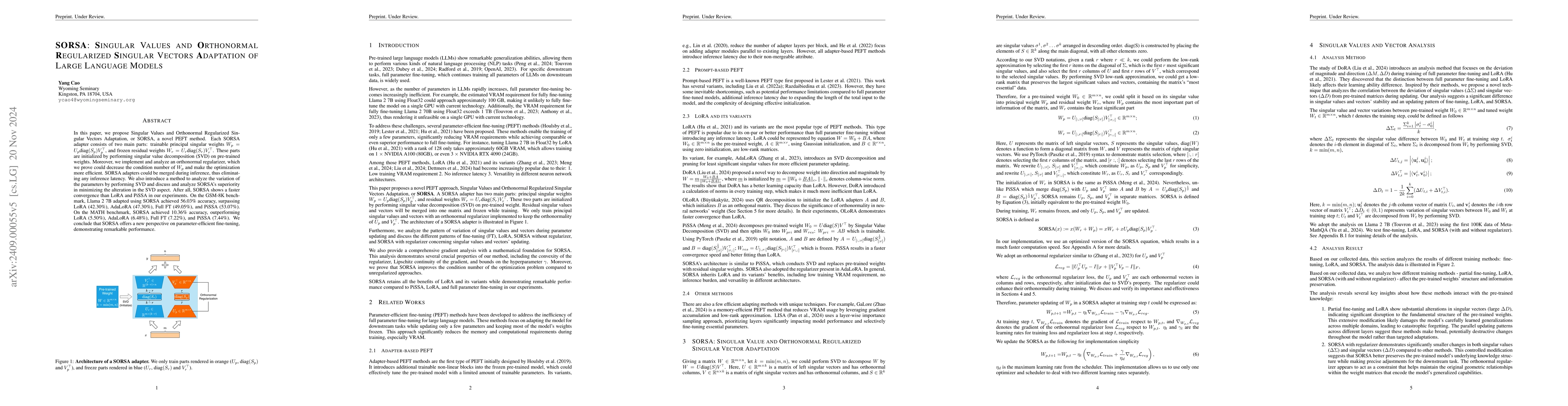 Thumbnail for SORSA: Singular Values and Orthonormal Regularized Singular Vectors
  Adaptation of Large Language Models