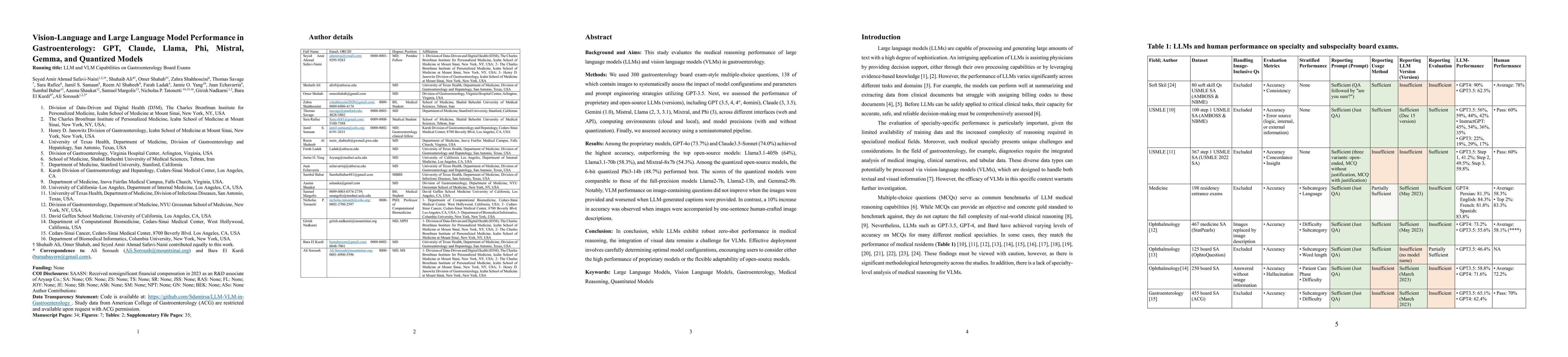Thumbnail for Vision-Language and Large Language Model Performance in
  Gastroenterology: GPT, Claude, Llama, Phi, Mistral, Gemma, and Quantized
  Models