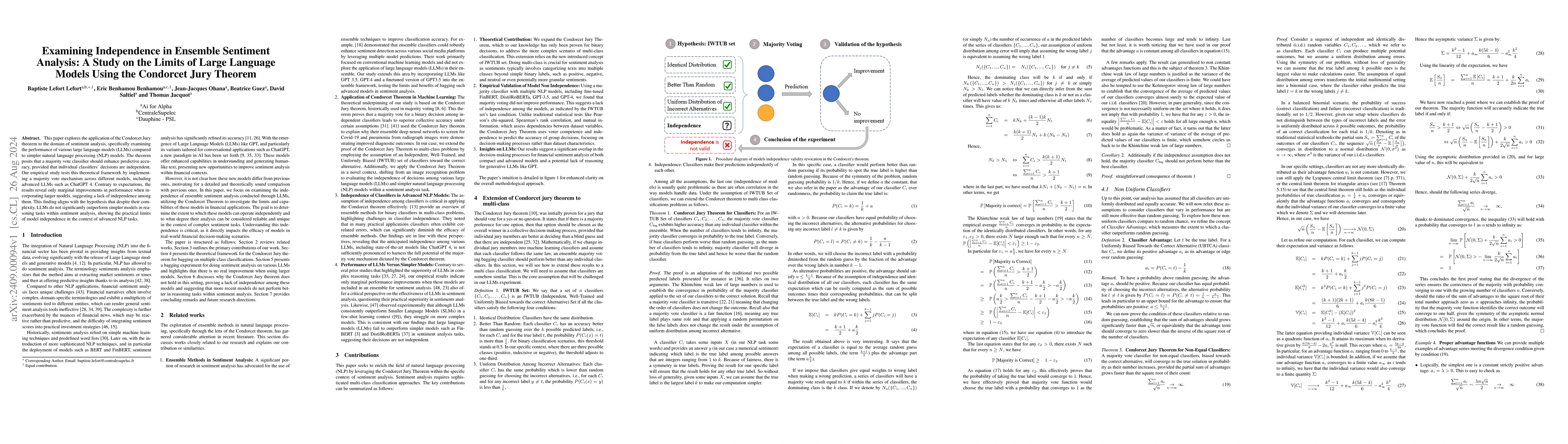 Thumbnail for Examining Independence in Ensemble Sentiment Analysis: A Study on the
  Limits of Large Language Models Using the Condorcet Jury Theorem