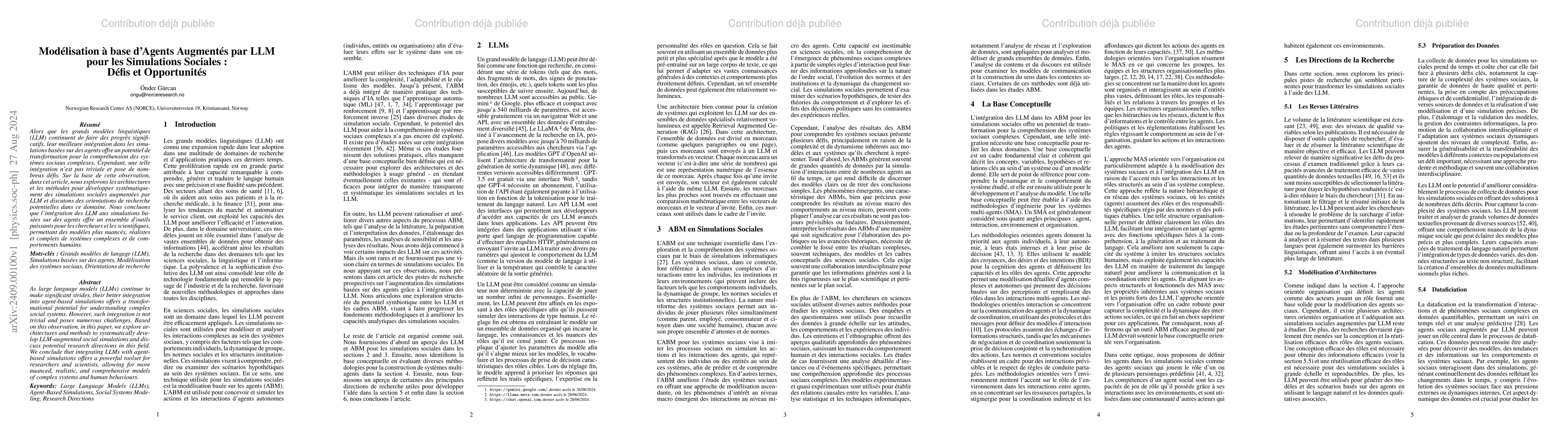 Thumbnail for Modelisation a base d'Agent Augmentes par LLM pour les Simulations
  Sociales: Defis et Opportunites