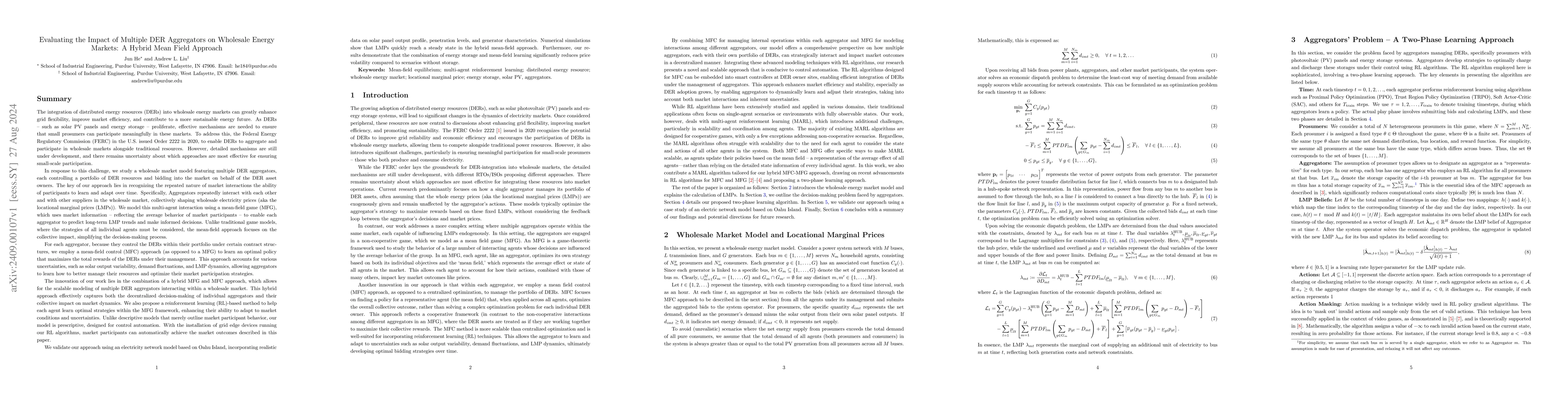 Thumbnail for Evaluating the Impact of Multiple DER Aggregators on Wholesale Energy
  Markets: A Hybrid Mean Field Approach
