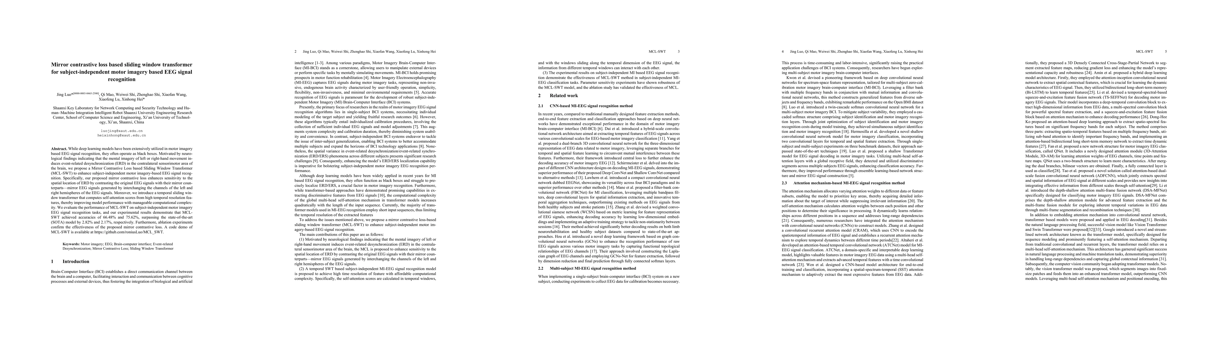 Thumbnail for Mirror contrastive loss based sliding window transformer for
  subject-independent motor imagery based EEG signal recognition