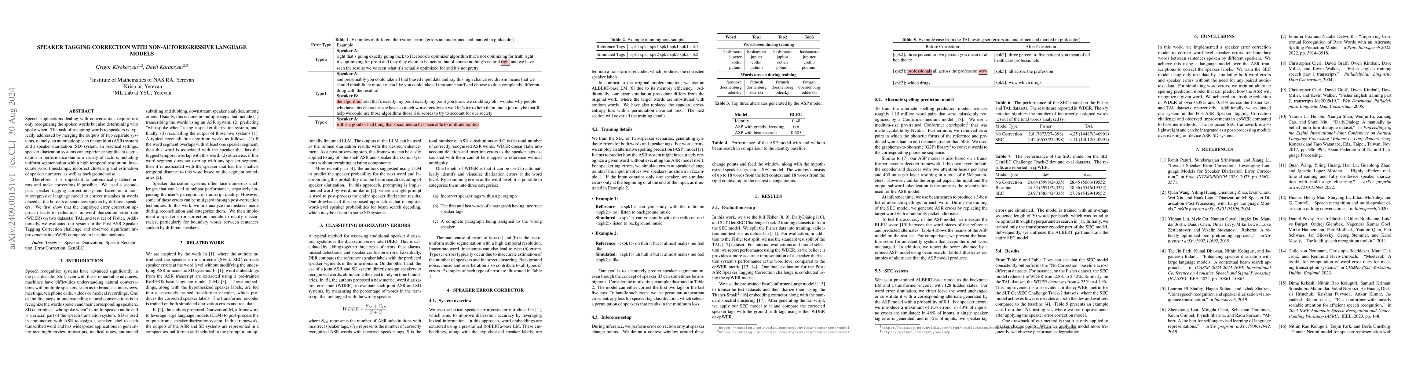 Thumbnail for Speaker Tagging Correction With Non-Autoregressive Language Models