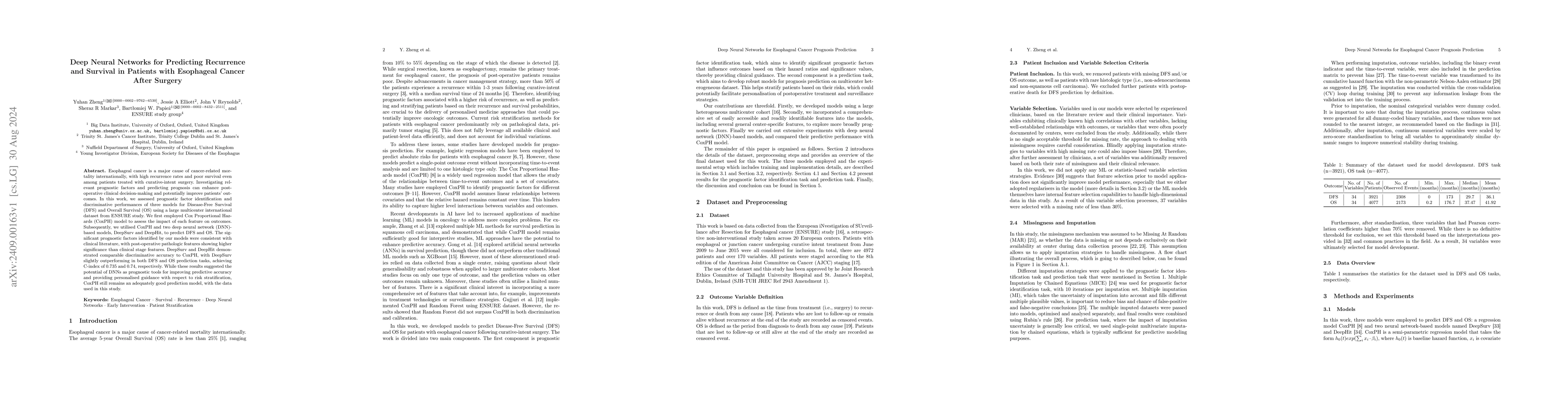 Thumbnail for Deep Neural Networks for Predicting Recurrence and Survival in Patients
  with Esophageal Cancer After Surgery