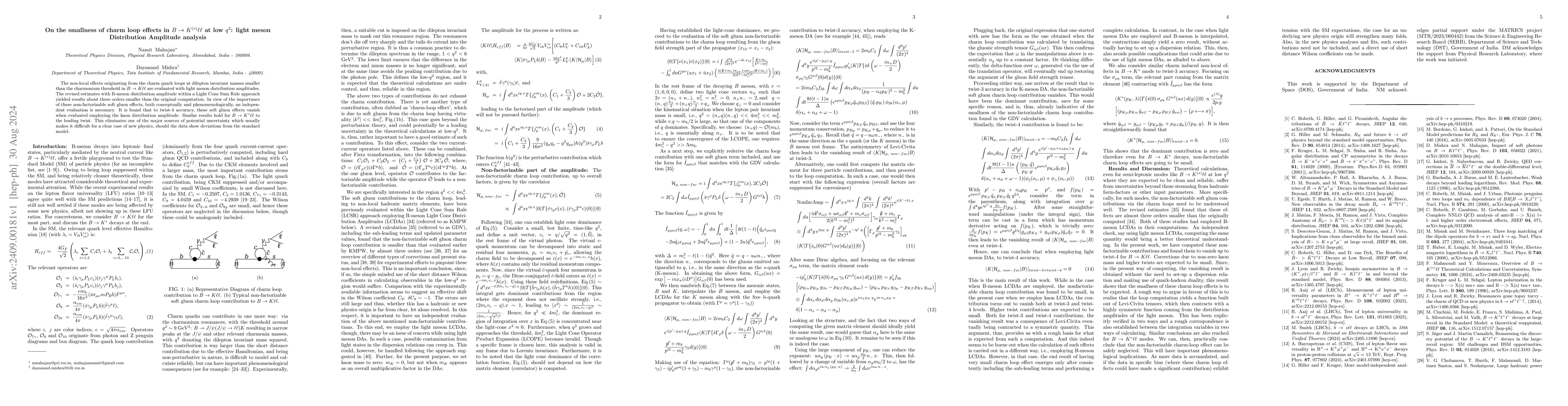 Thumbnail for On the smallness of charm loop effects in $B\to K^{(*)} \ell\ell$ at low
  $q^2$: light meson Distribution Amplitude analysis