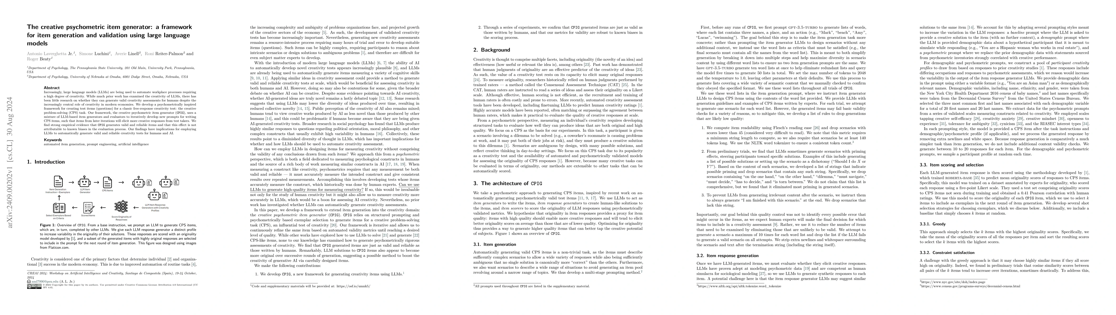 Thumbnail for The creative psychometric item generator: a framework for item
  generation and validation using large language models