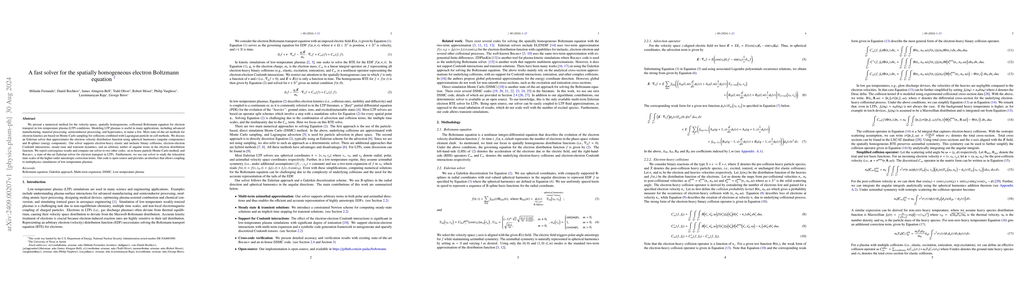Thumbnail for A fast solver for the spatially homogeneous electron Boltzmann equation