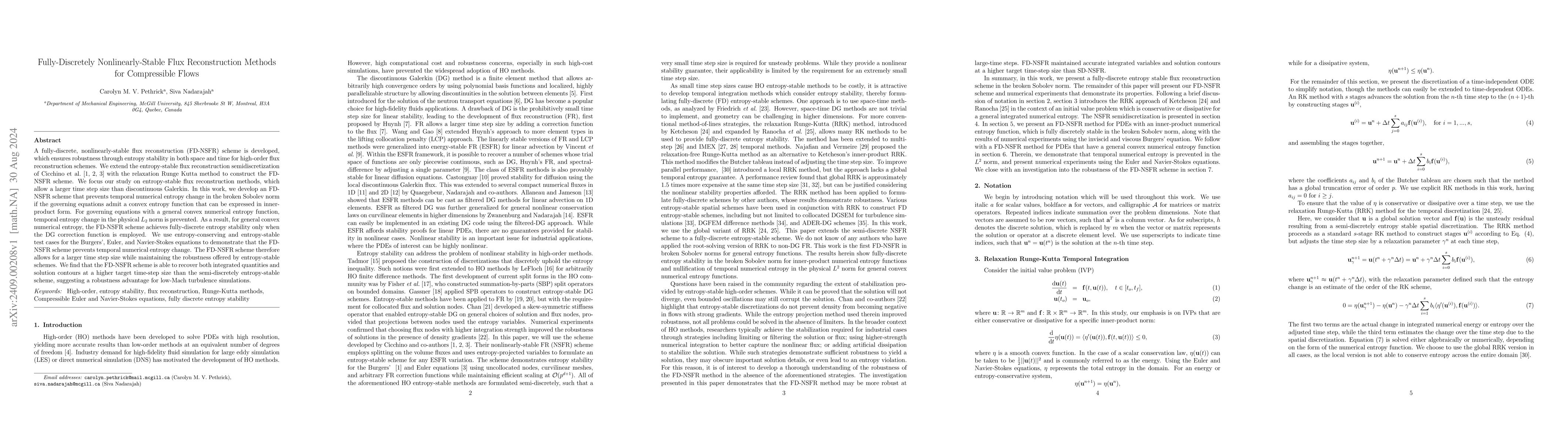 Thumbnail for Fully-Discretely Nonlinearly-Stable Flux Reconstruction Methods for
  Compressible Flows