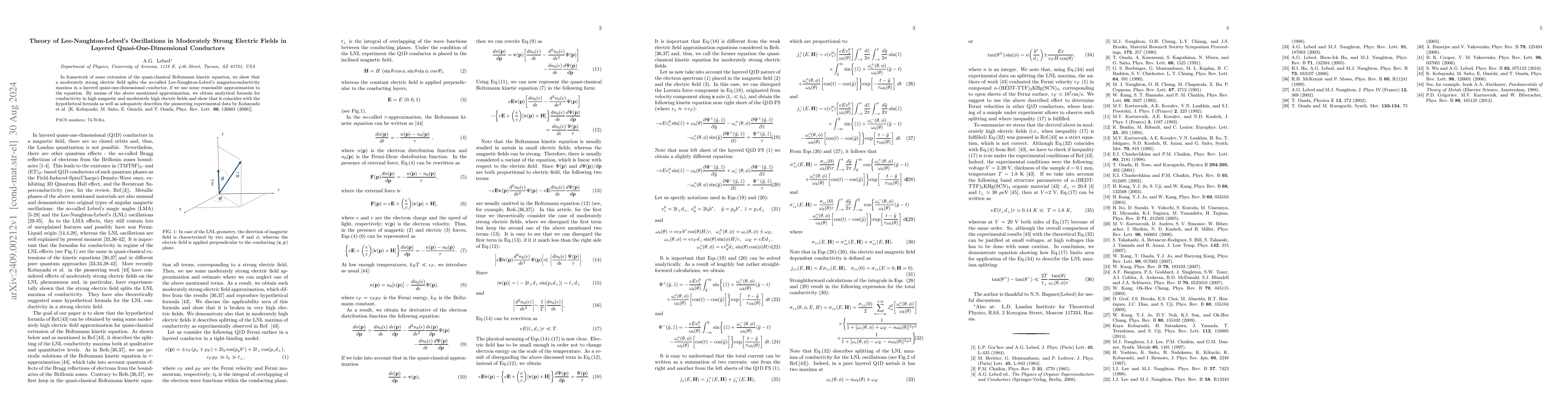 Thumbnail for Theory of Lee-Naughton-Lebed's Oscillations in Moderately Strong
  Electric Fields in Layered Quasi-One-Dimensional Conductors