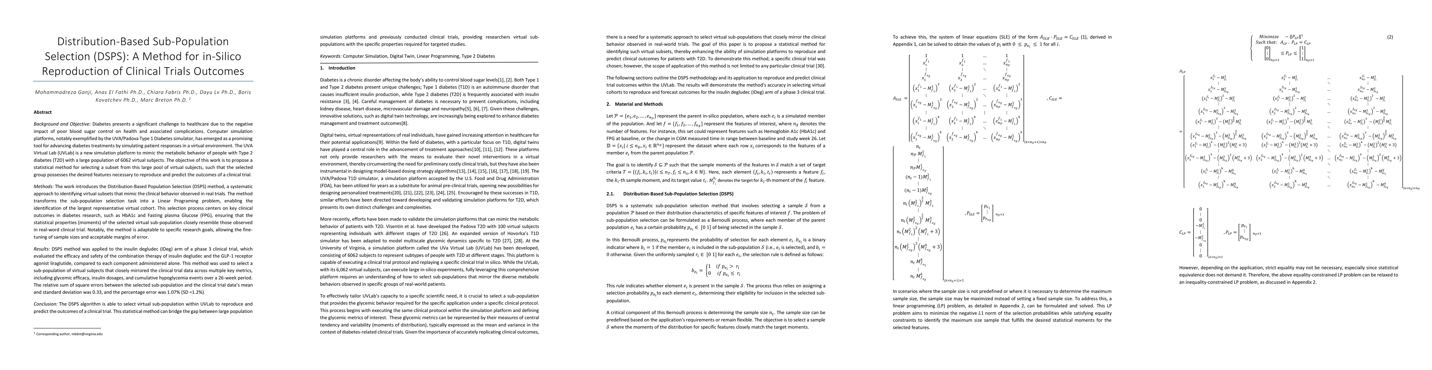 Thumbnail for Distribution-Based Sub-Population Selection (DSPS): A Method for
  in-Silico Reproduction of Clinical Trials Outcomes