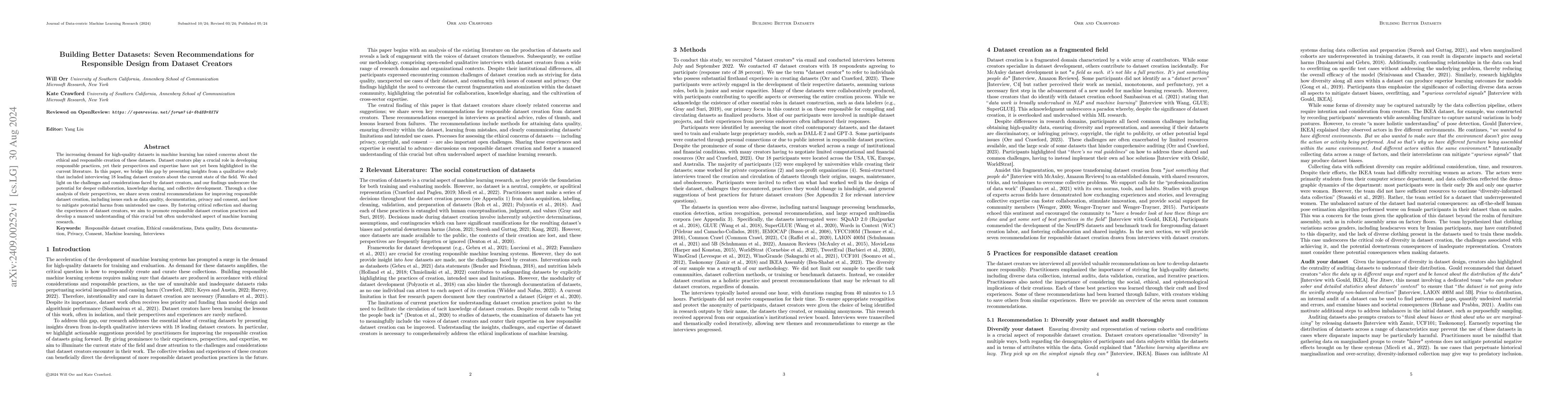Thumbnail for Building Better Datasets: Seven Recommendations for Responsible Design
  from Dataset Creators