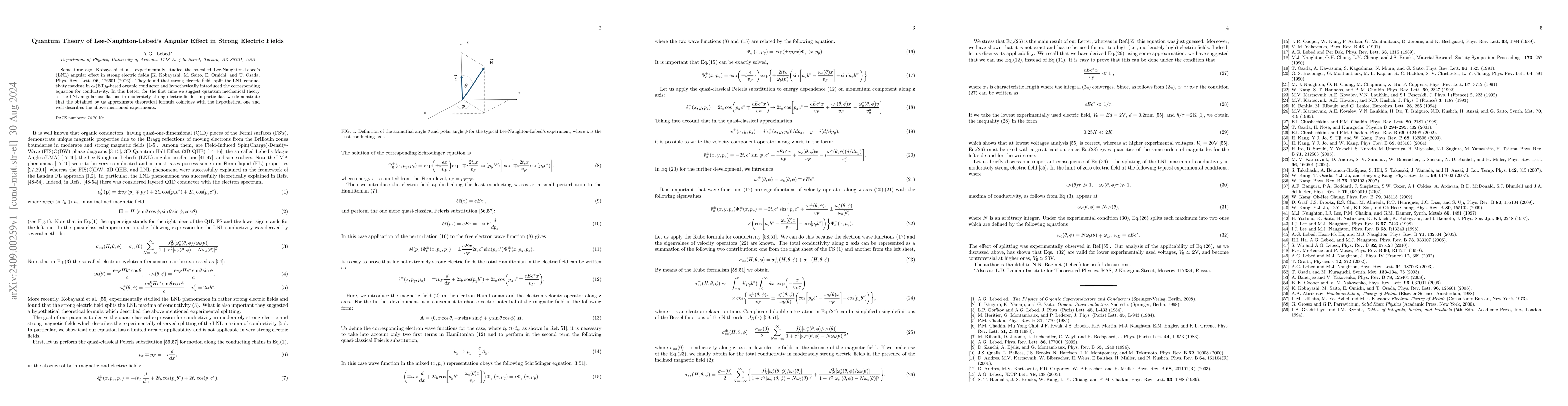 Thumbnail for Quantum Theory of Lee-Naughton-Lebed's Angular Effect in Strong Electric
  Fields
