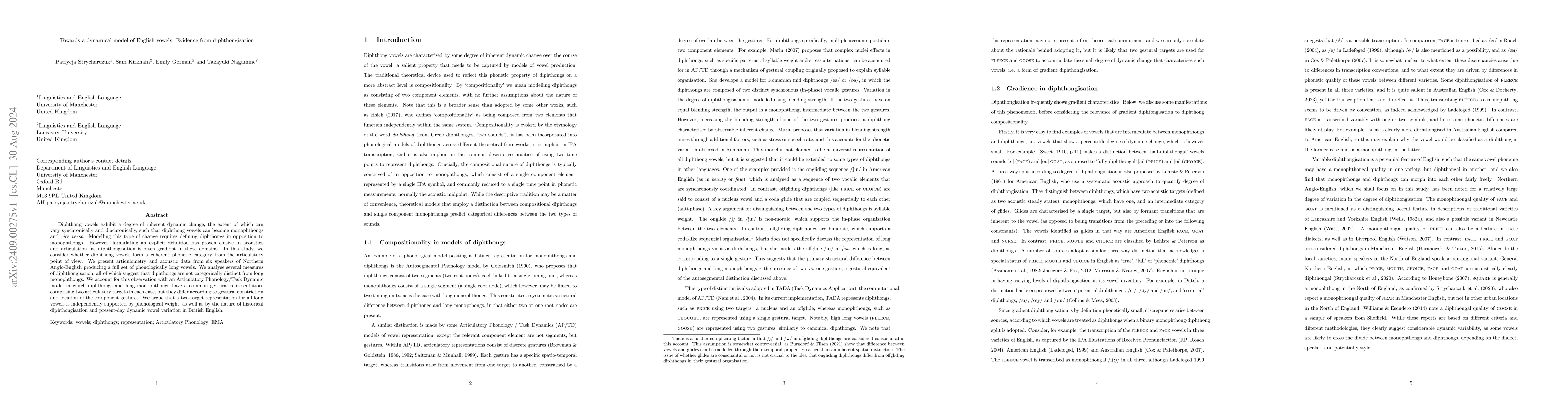 Thumbnail for Towards a dynamical model of English vowels. Evidence from
  diphthongisation