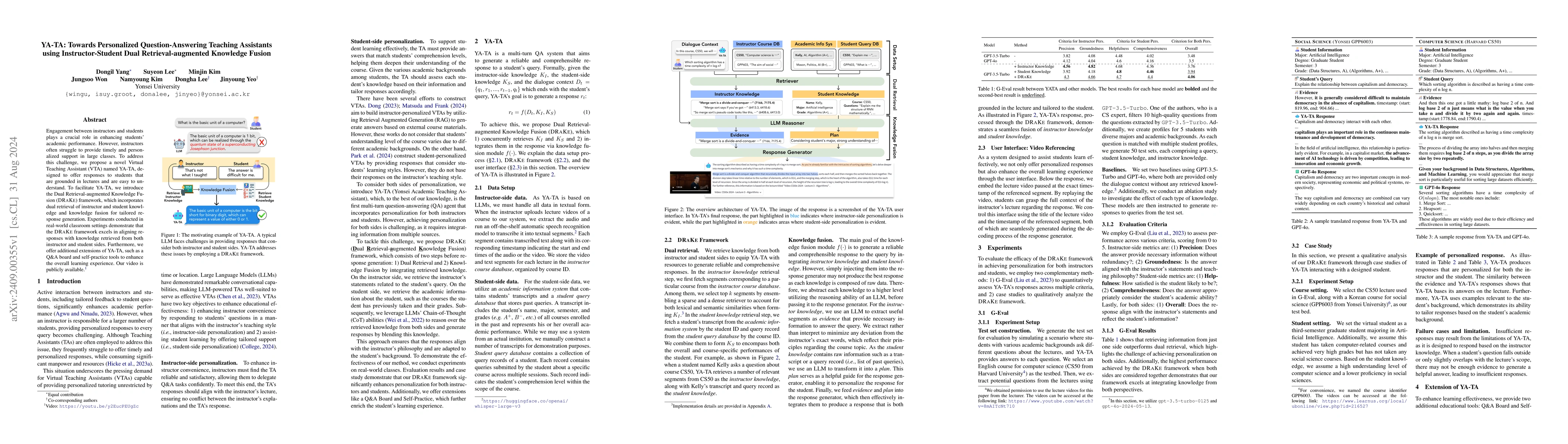 Thumbnail for YA-TA: Towards Personalized Question-Answering Teaching Assistants using
  Instructor-Student Dual Retrieval-augmented Knowledge Fusion