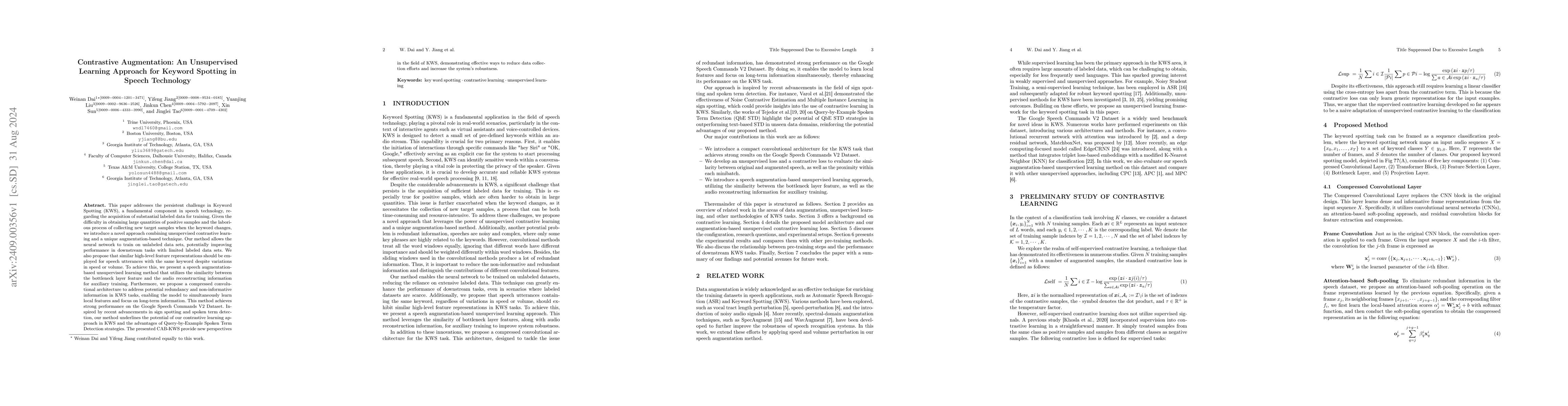 Thumbnail for Contrastive Augmentation: An Unsupervised Learning Approach for Keyword
  Spotting in Speech Technology