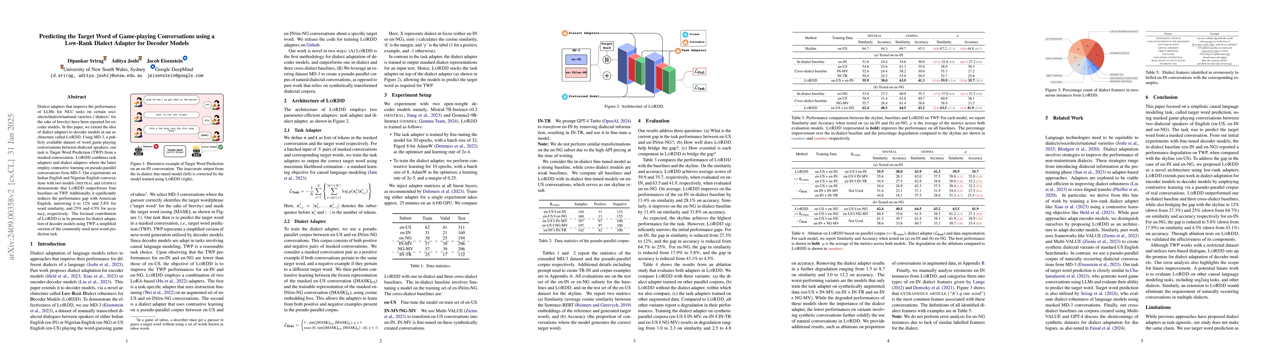 Thumbnail for Predicting the Target Word of Game-playing Conversations using a
  Low-Rank Dialect Adapter for Decoder Models