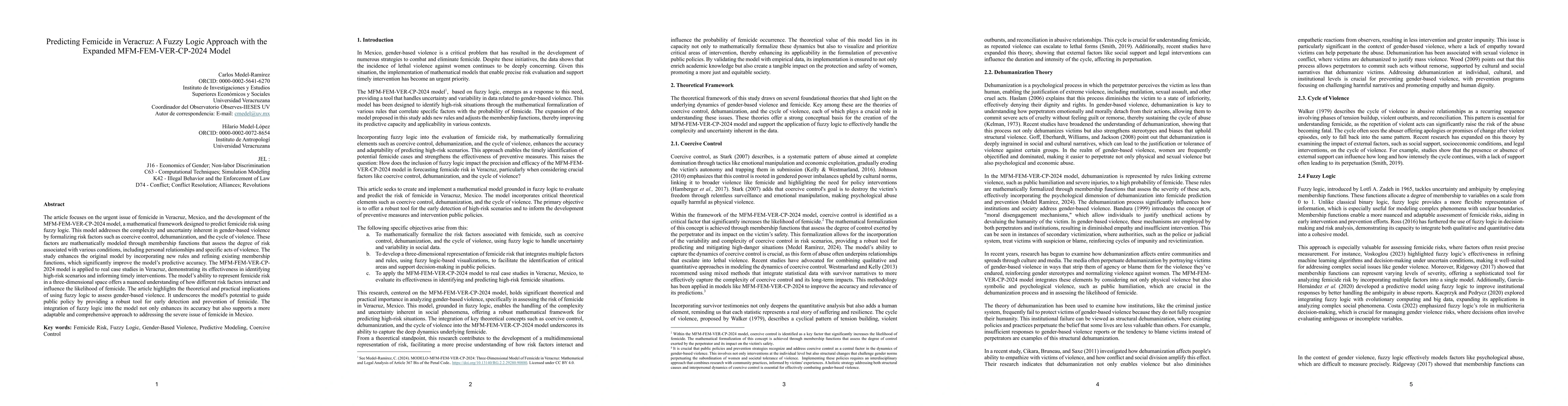 Thumbnail for Predicting Femicide in Veracruz: A Fuzzy Logic Approach with the
  Expanded MFM-FEM-VER-CP-2024 Model