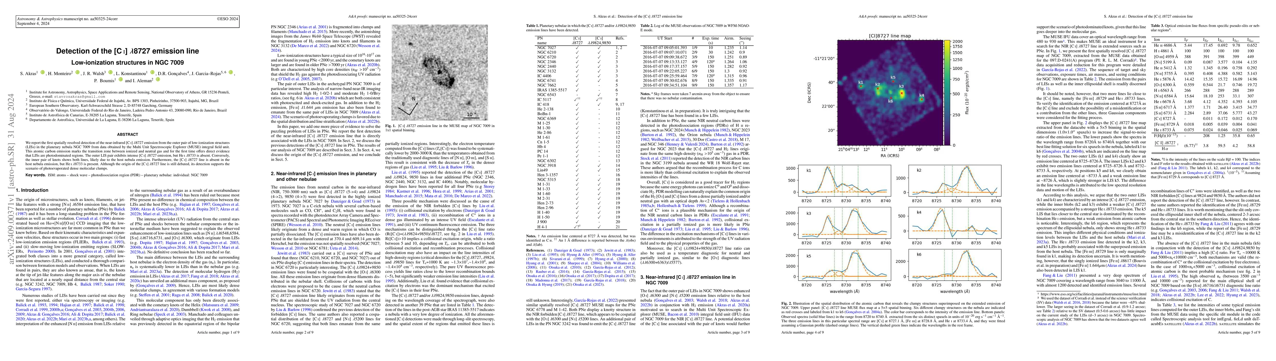 Thumbnail for Detection of the [C I] $λ$8727 emission line. Low-ionization
  structures in NGC 7009
