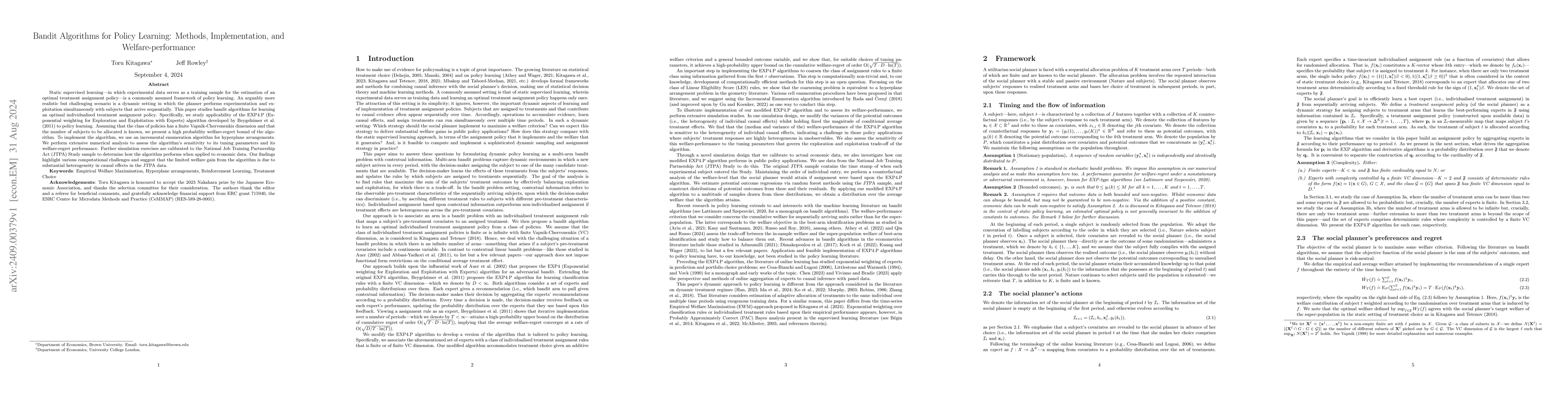 Thumbnail for Bandit Algorithms for Policy Learning: Methods, Implementation, and
  Welfare-performance