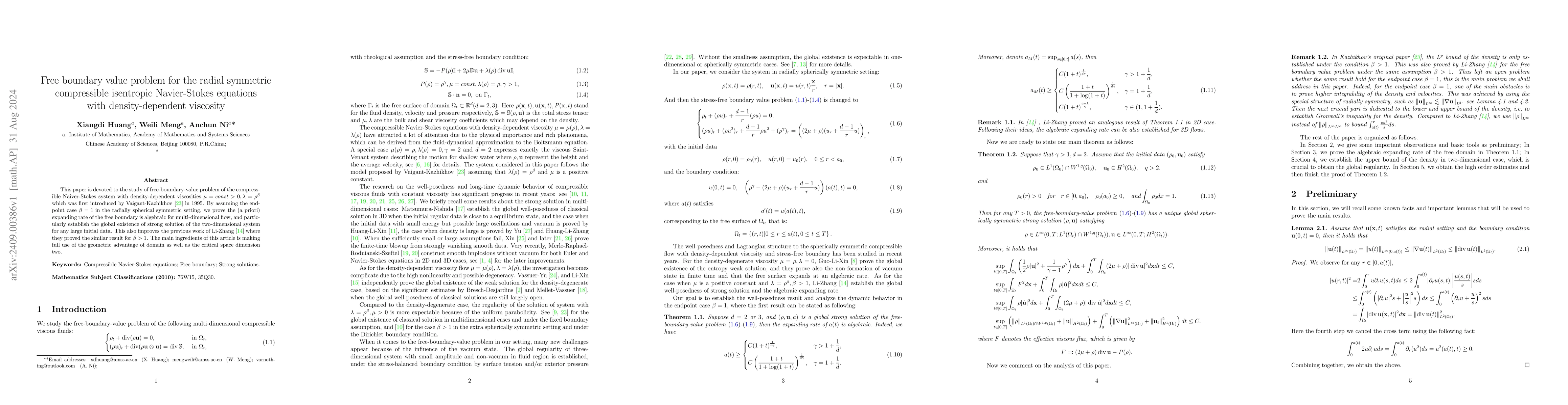 Thumbnail for Free boundary value problem for the radial symmetric compressible
  isentropic Navier-Stokes equations with density-dependent viscosity