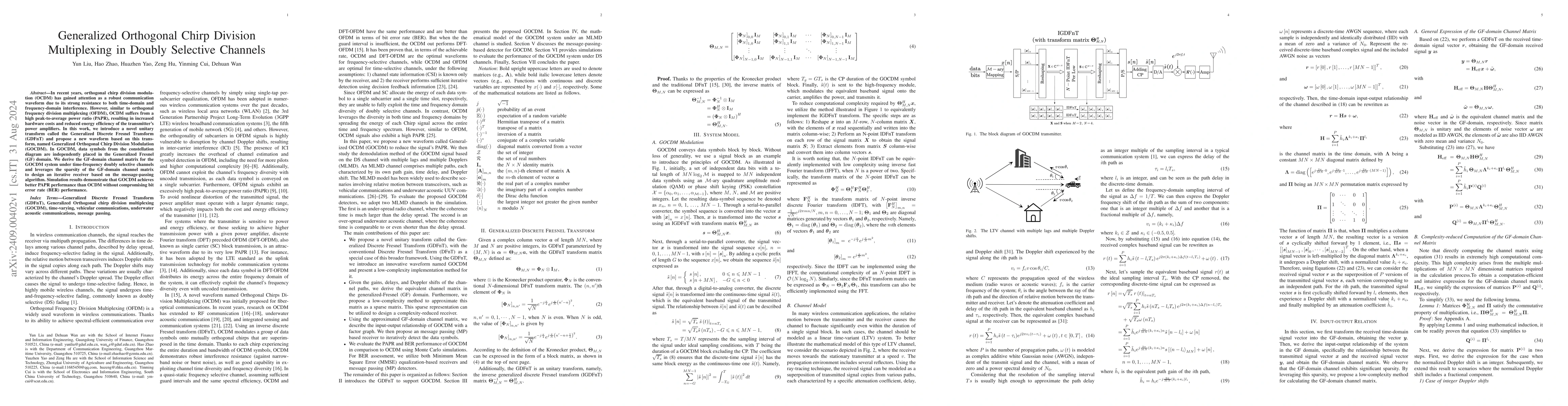 Thumbnail for Generalized Orthogonal Chirp Division Multiplexing in Doubly Selective
  Channels