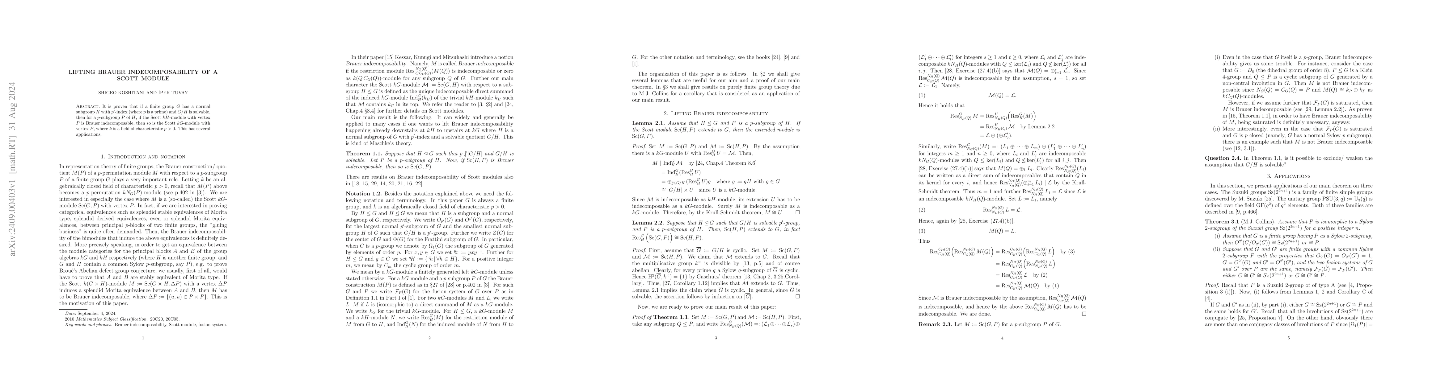 Thumbnail for Lifting Brauer indecomposability of a Scott module