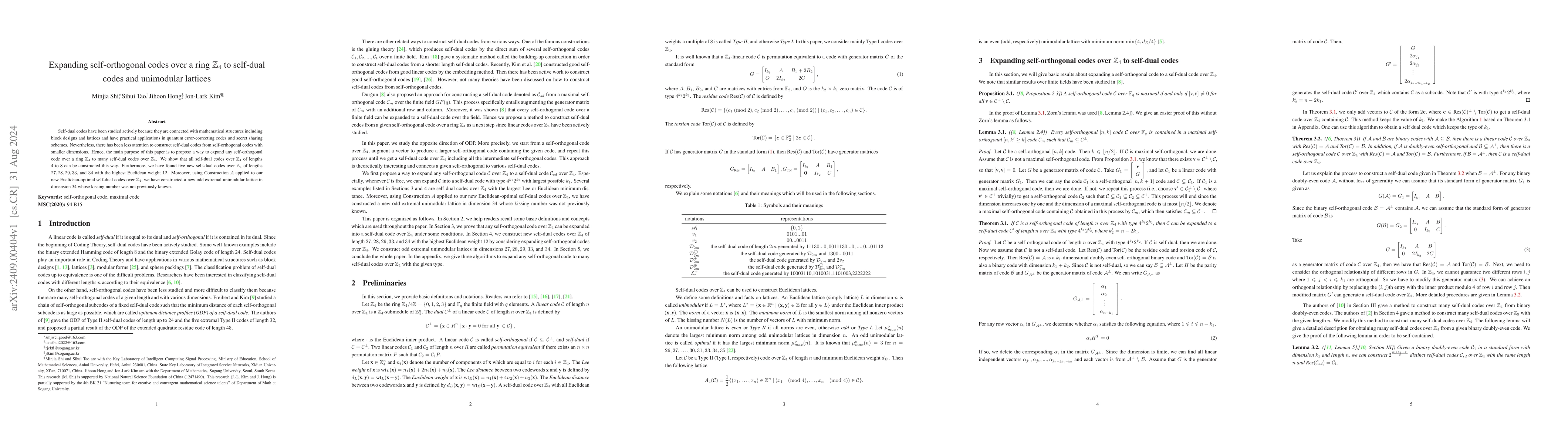 Thumbnail for Expanding self-orthogonal codes over a ring $\Z_4$ to self-dual codes
  and unimodular lattices