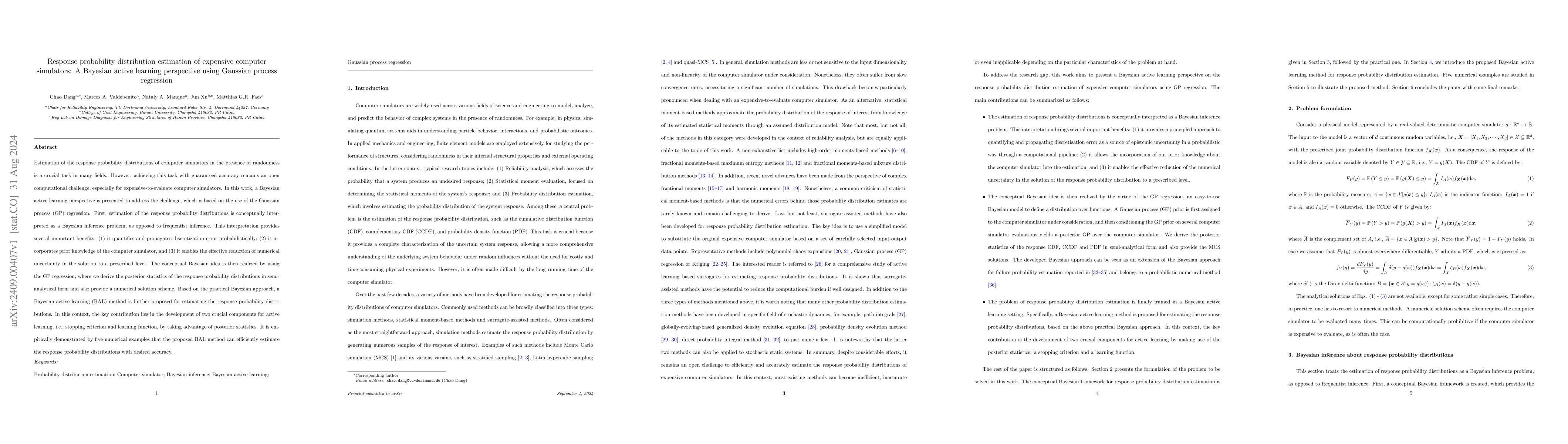 Thumbnail for Response probability distribution estimation of expensive computer
  simulators: A Bayesian active learning perspective using Gaussian process
  regression