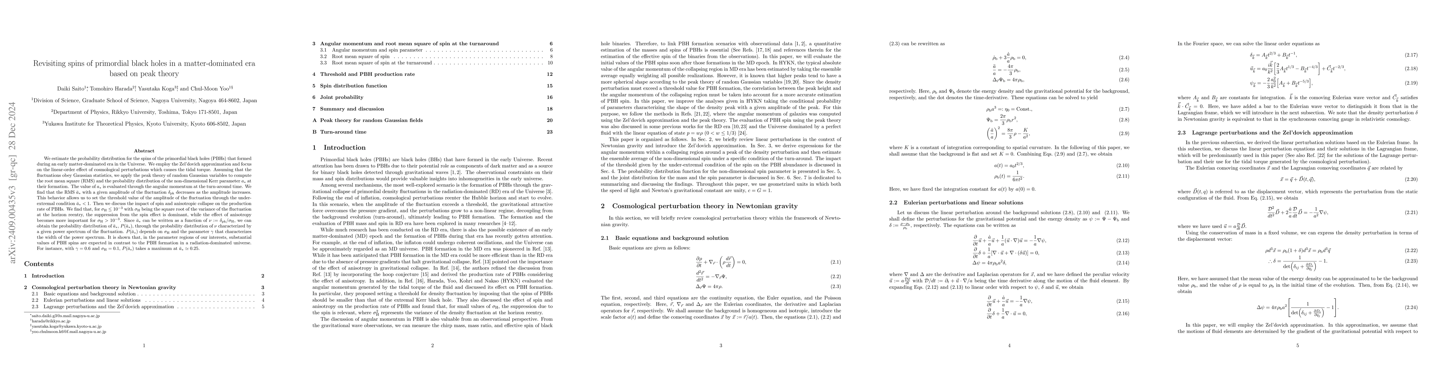Thumbnail for Revisiting spins of primordial black holes in a matter-dominated era
  based on peak theory