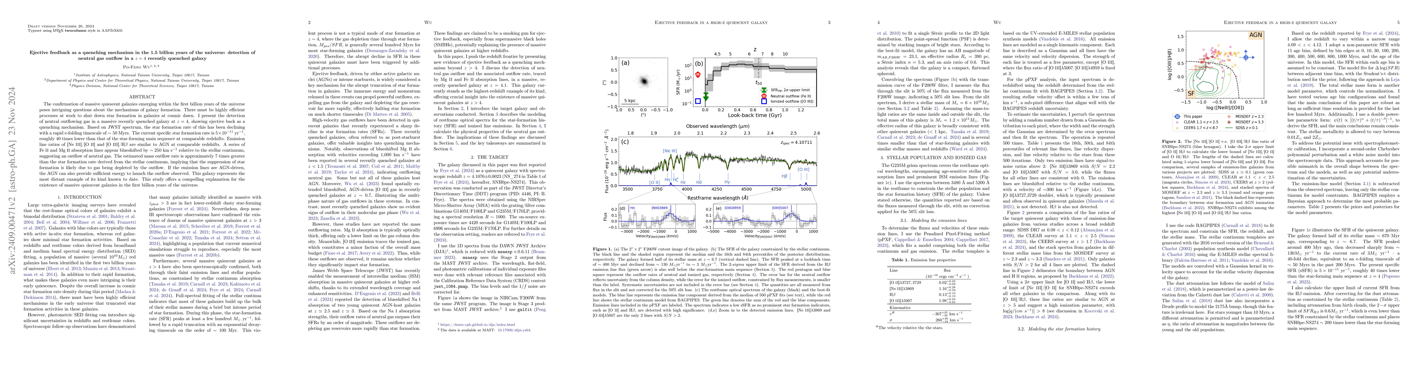 Thumbnail for Ejective feedback as a quenching mechanism in the 1.5 billion years of
  the universe: detection of neutral gas outflow in a $z=4$ recently quenched
  galaxy