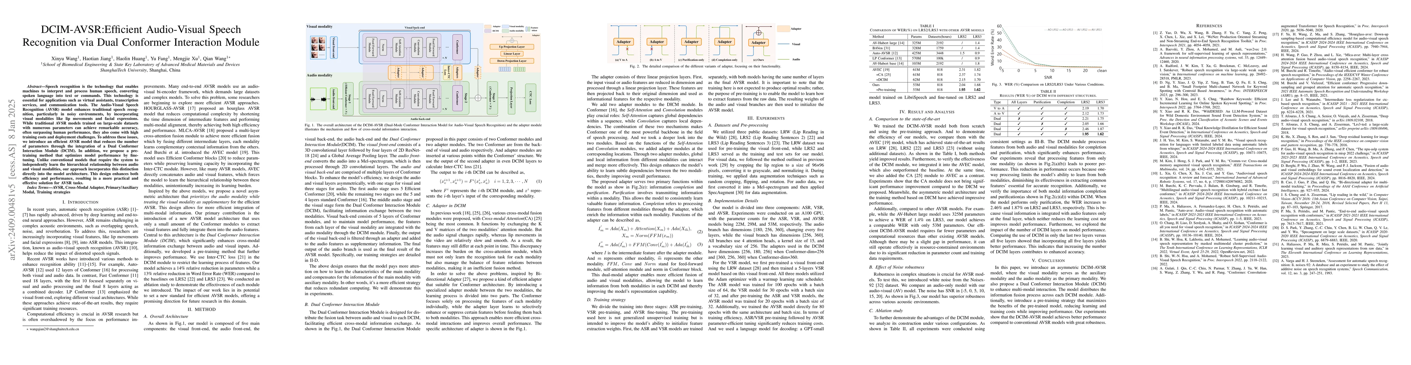 Thumbnail for DCIM-AVSR : Efficient Audio-Visual Speech Recognition via Dual Conformer
  Interaction Module