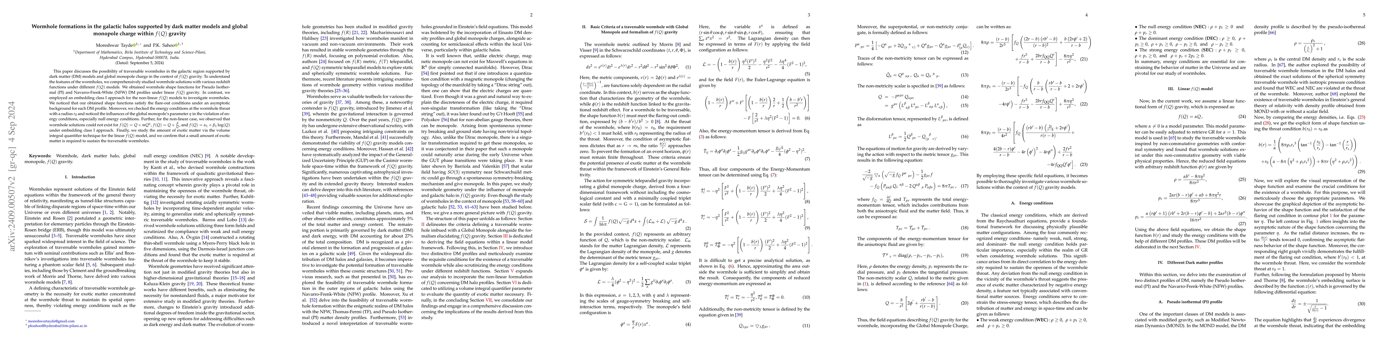 Thumbnail for Wormhole formations in the galactic halos supported by dark matter
  models and global monopole charge within $f(Q)$ gravity