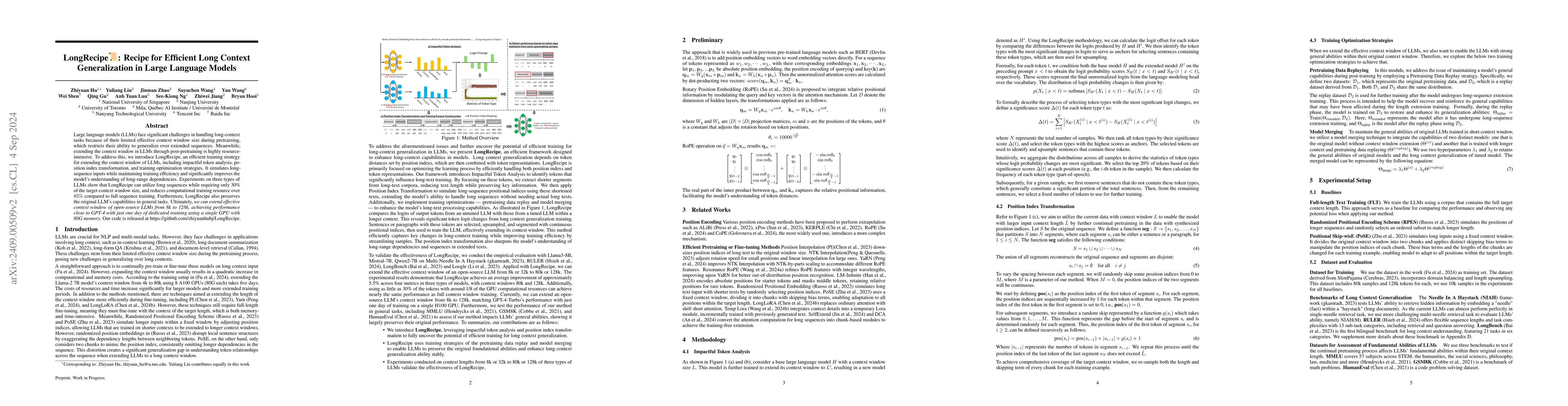 Thumbnail for LongRecipe: Recipe for Efficient Long Context Generalization in Large
  Language Models