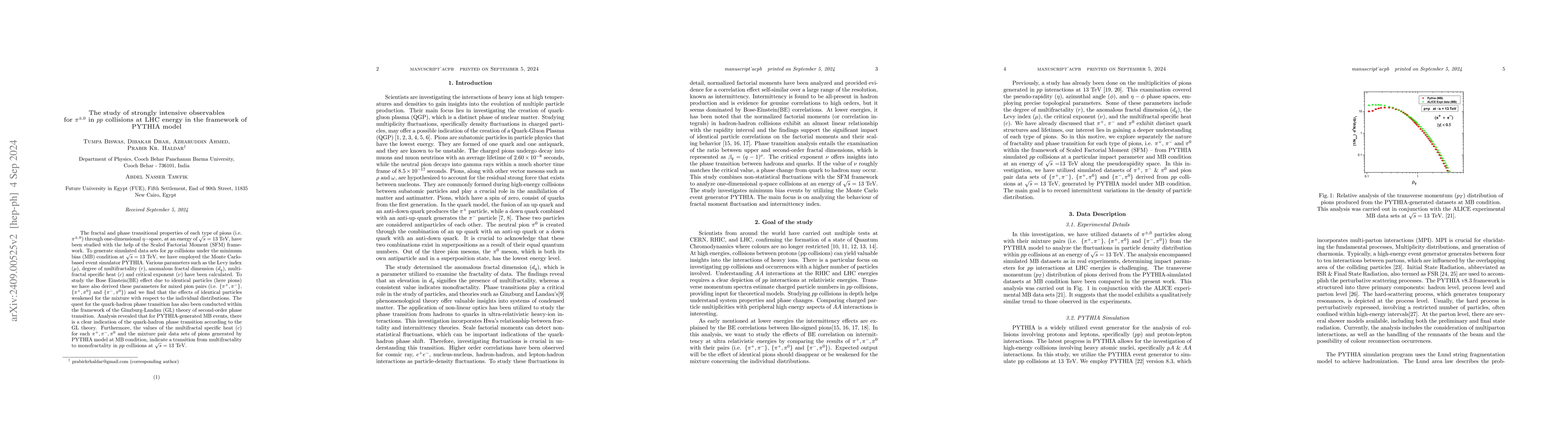 Thumbnail for The study of strongly intensive observables for $π^{\pm,0}$ in $pp$
  collisions at LHC energy in the framework of PYTHIA model