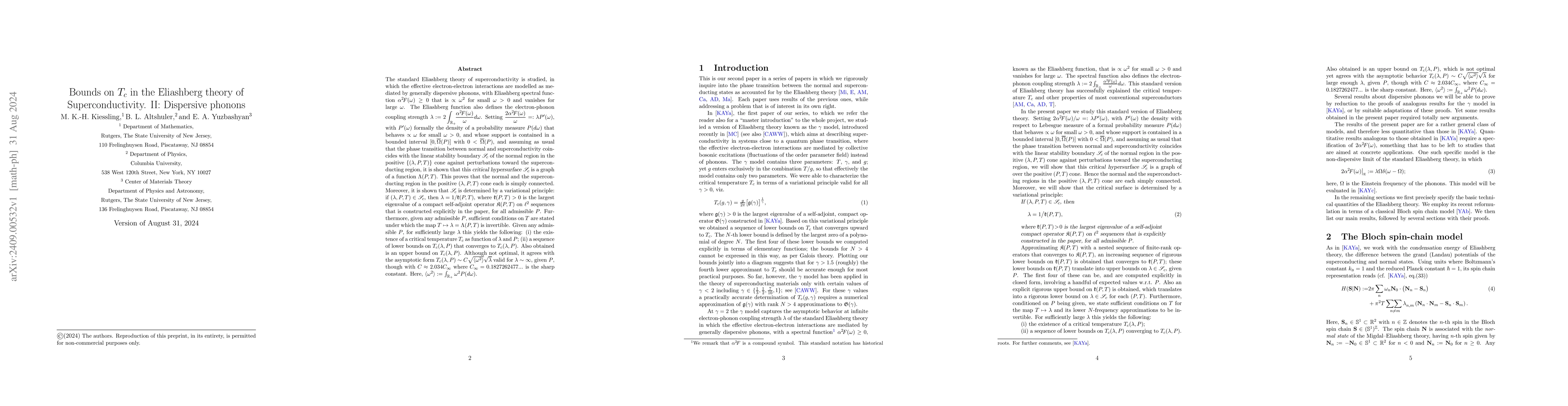 Thumbnail for Bounds on $T_c$ in the Eliashberg theory of Superconductivity. II:
  Dispersive phonons