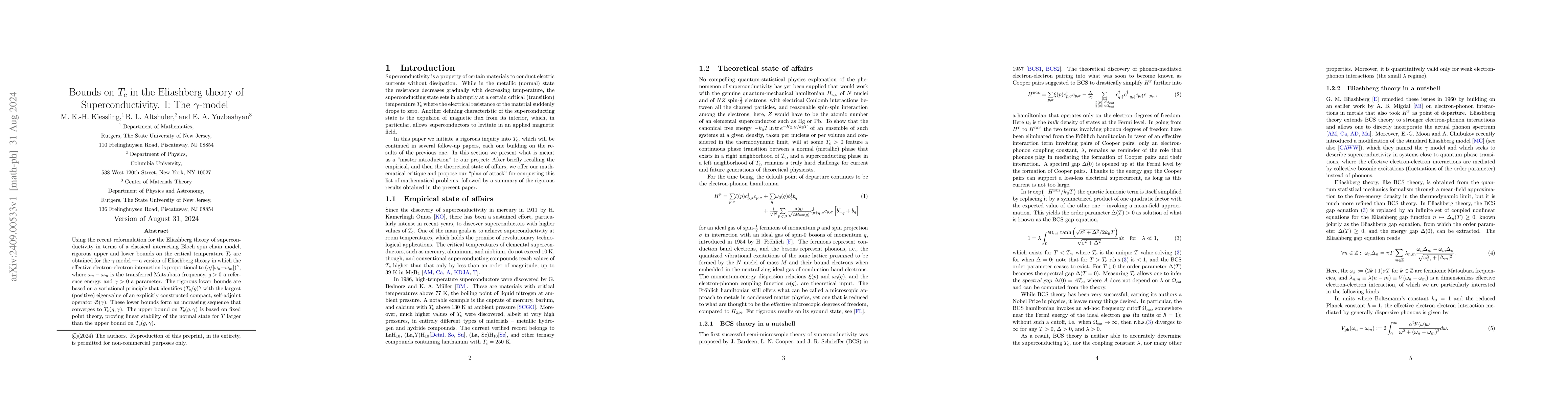 Thumbnail for Bounds on $T_c$ in the Eliashberg theory of Superconductivity. I: The
  $γ$-model