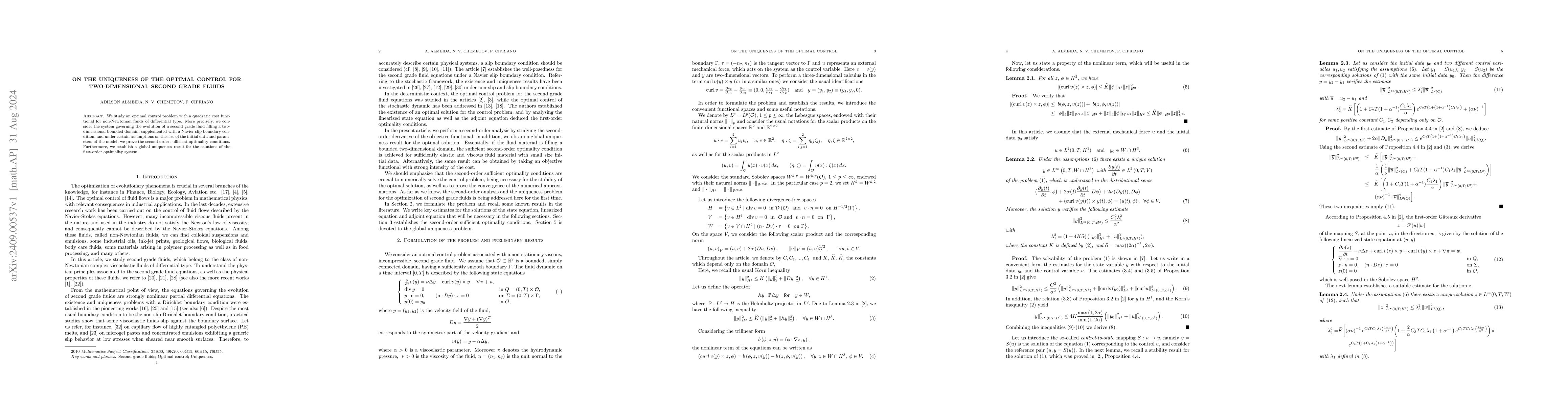 Thumbnail for On the uniqueness of the optimal control for 2-dimensional second grade
  fluids
