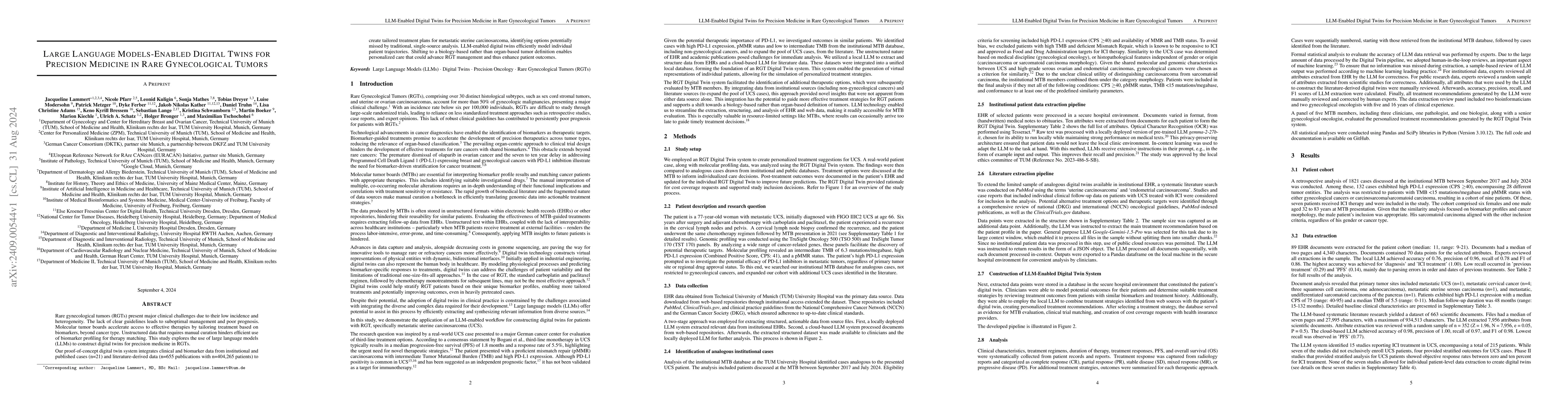 Thumbnail for Large Language Models-Enabled Digital Twins for Precision Medicine in
  Rare Gynecological Tumors