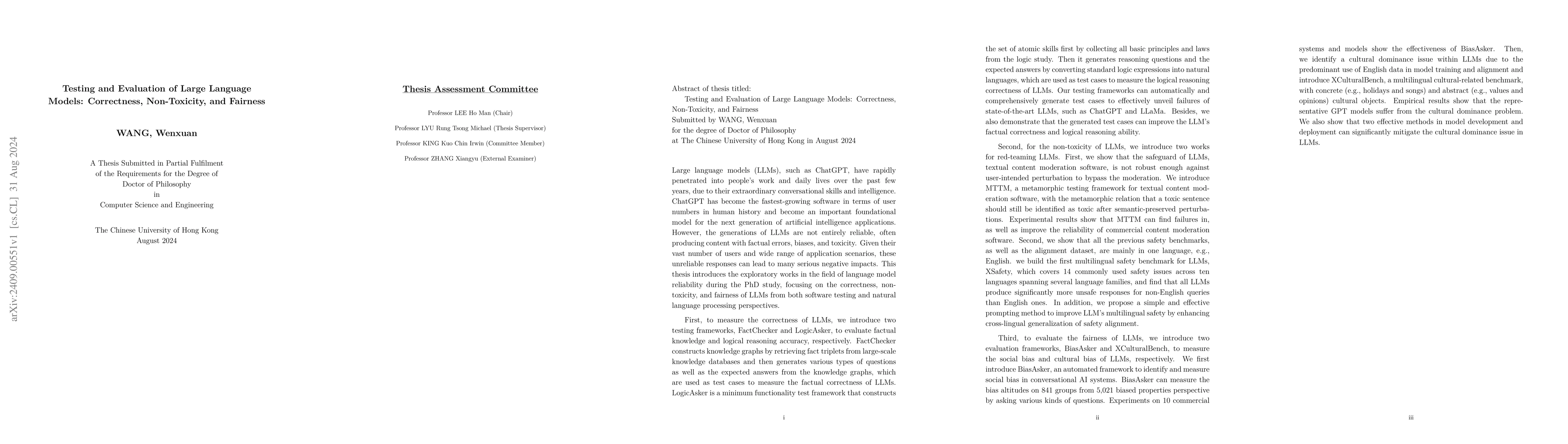 Thumbnail for Testing and Evaluation of Large Language Models: Correctness,
  Non-Toxicity, and Fairness
