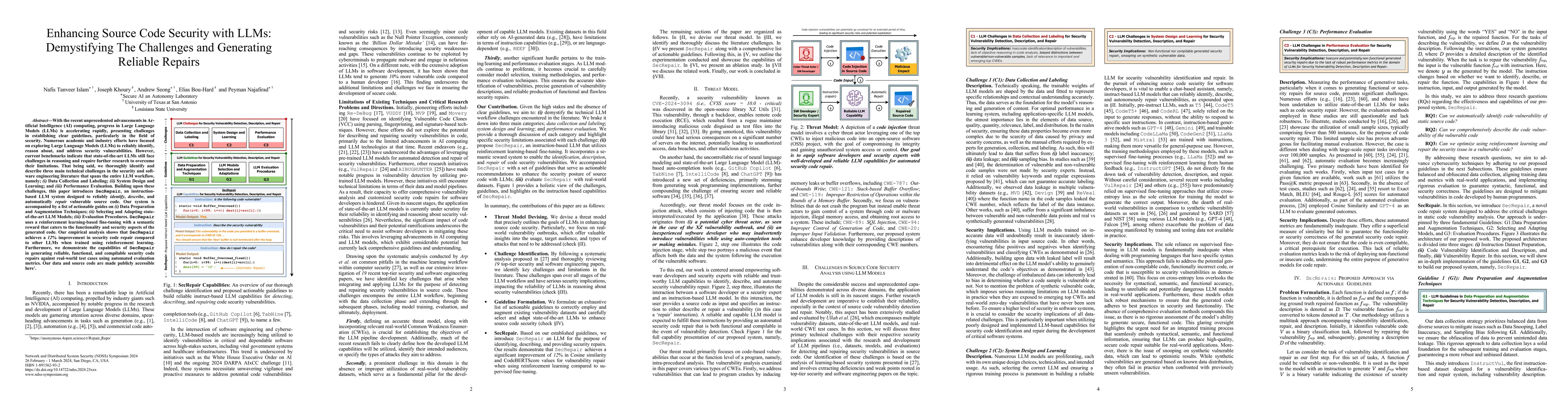 Thumbnail for Enhancing Source Code Security with LLMs: Demystifying The Challenges
  and Generating Reliable Repairs