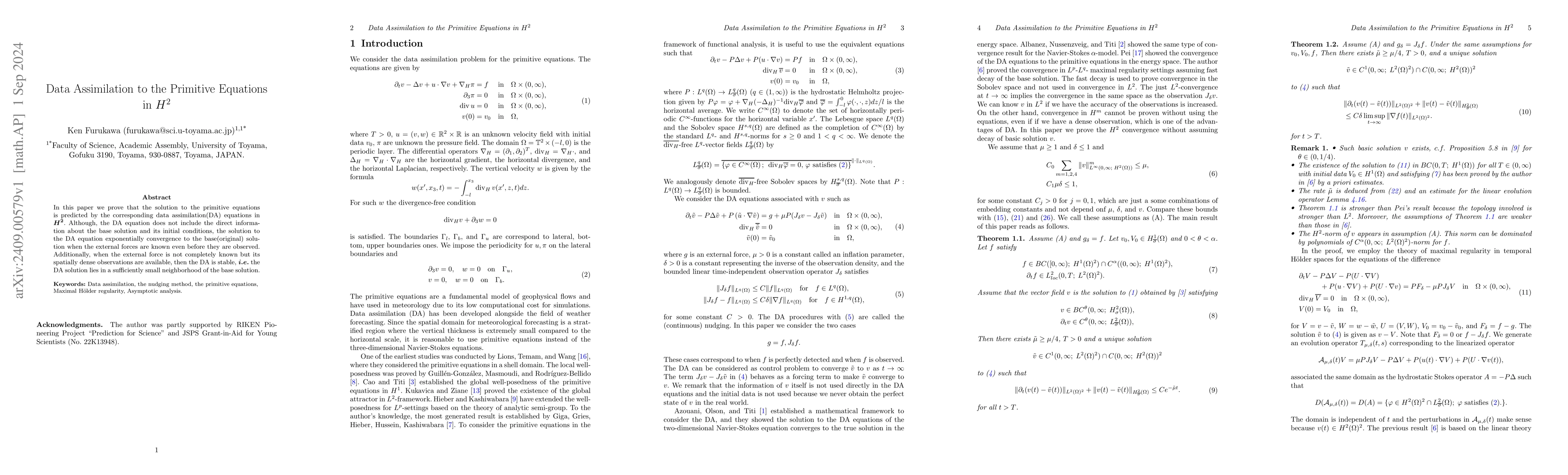 Thumbnail for Data Assimilation to the Primitive Equations in $H^2$
