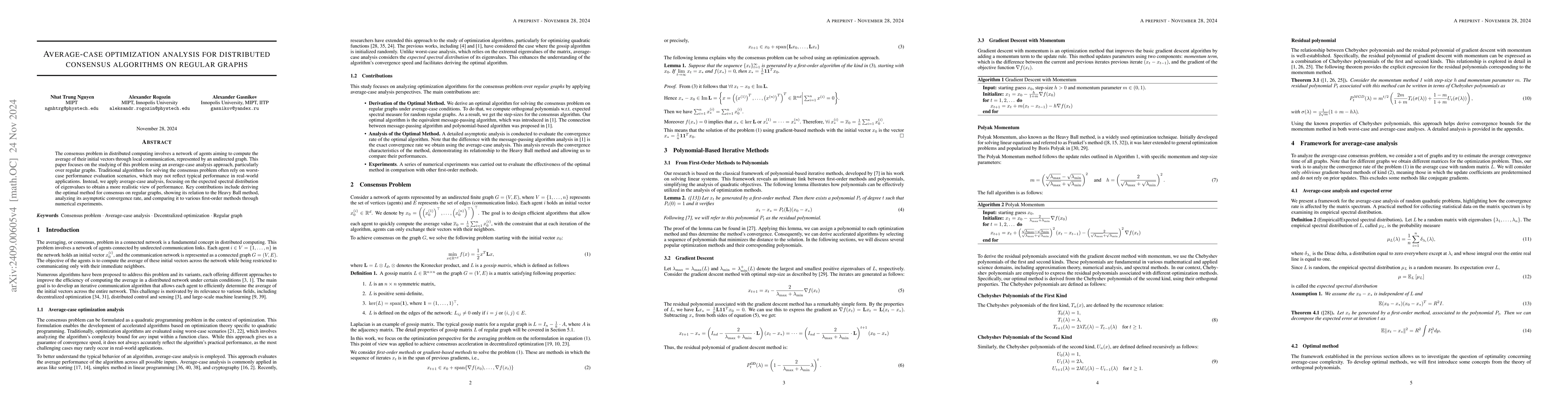Thumbnail for Average-case optimization analysis for distributed consensus algorithms
  on regular graphs